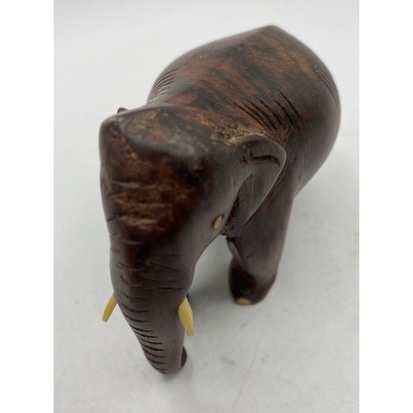 Vintage Hand Carved Elephant Wooden Sculpture Figurine Statue With Tusks 3.25 In - Picture 3 of 6
